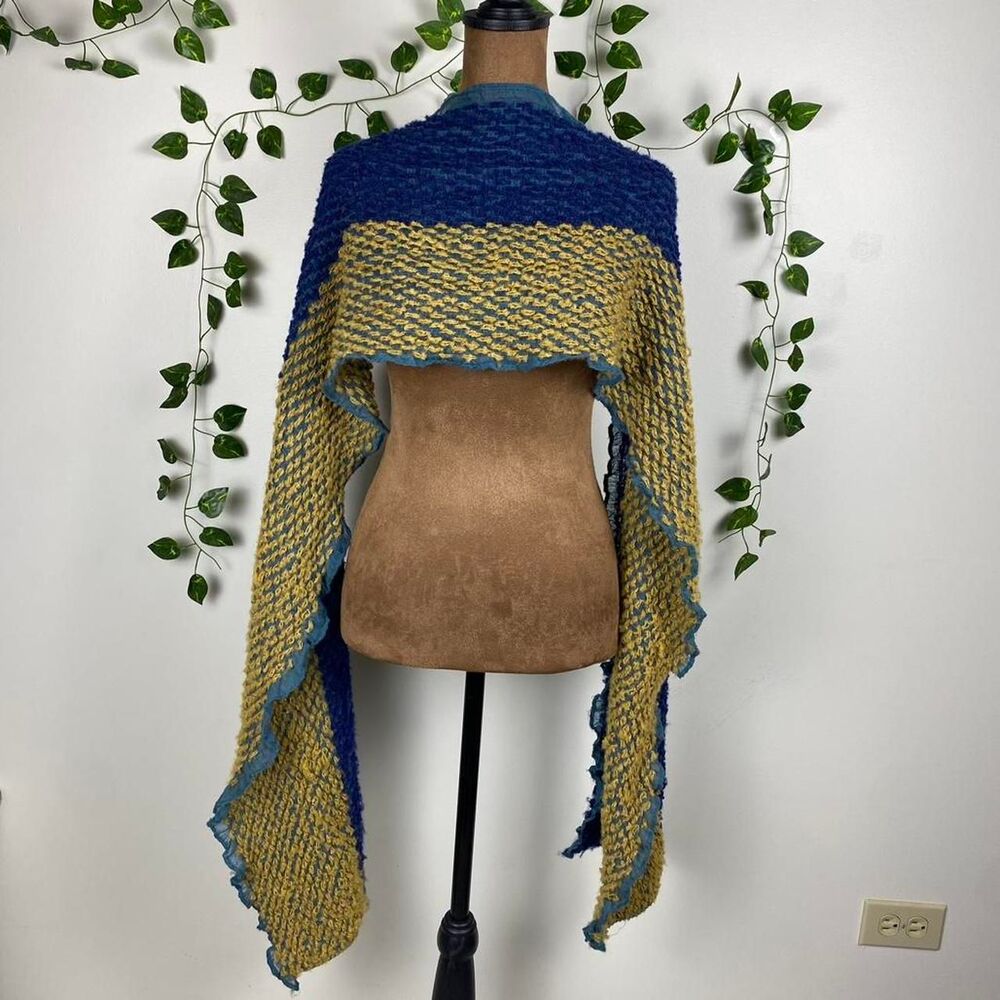 peasant shawl blue mustard yellow knit scarf ruffled edges earthy cottage